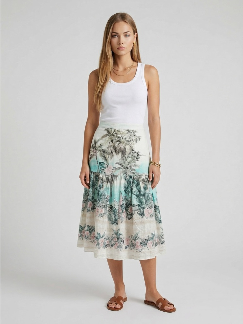 🌻NEW w/tag Joie Linen Tropical Print Midi Skirt Boho Beach A-Line Size Large